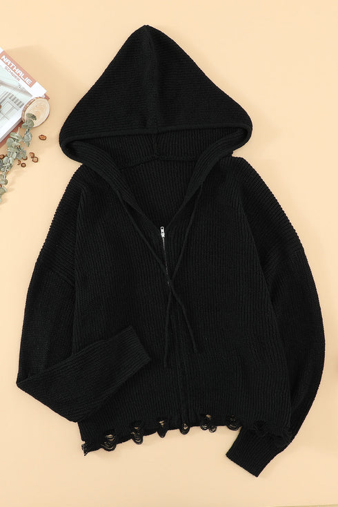 Zipper V-Neck Dropped Sleeve Hooded Solid Sweater